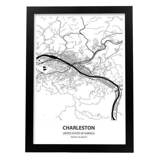 Poster con mapa de Charleston - USA. Láminas de ciudades de Estados Unidos con mares y ríos en color negro.-Artwork-Nacnic-A4-Marco Negro-Nacnic Estudio SL
