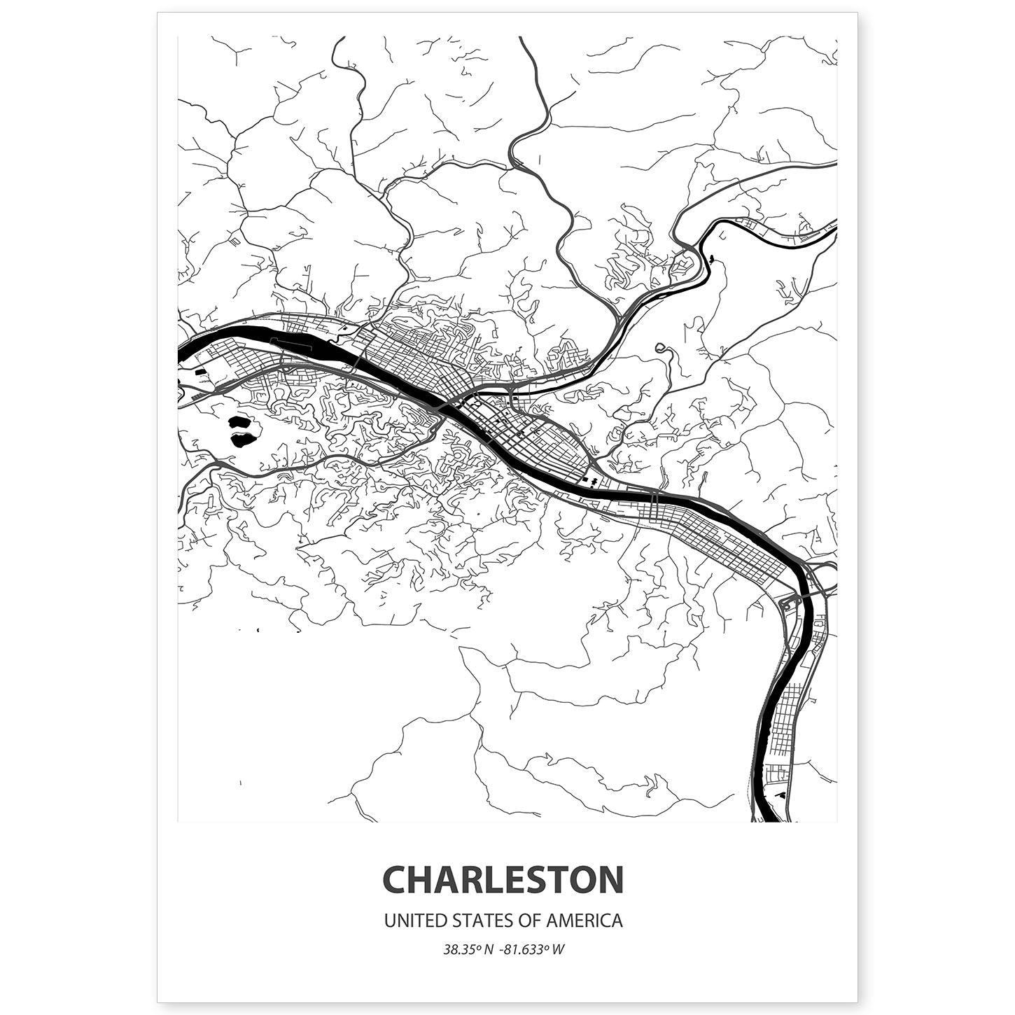 Poster con mapa de Charleston - USA. Láminas de ciudades de Estados Unidos con mares y ríos en color negro.-Artwork-Nacnic-A4-Sin marco-Nacnic Estudio SL