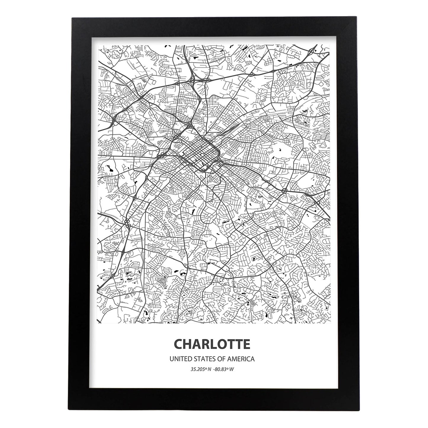 Poster con mapa de Charlotte - USA. Láminas de ciudades de Estados Unidos con mares y ríos en color negro.-Artwork-Nacnic-A3-Marco Negro-Nacnic Estudio SL