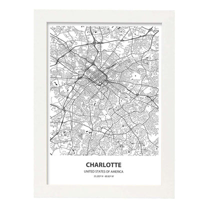 Poster con mapa de Charlotte - USA. Láminas de ciudades de Estados Unidos con mares y ríos en color negro.-Artwork-Nacnic-A4-Marco Blanco-Nacnic Estudio SL