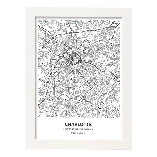 Poster con mapa de Charlotte - USA. Láminas de ciudades de Estados Unidos con mares y ríos en color negro.-Artwork-Nacnic-A4-Marco Blanco-Nacnic Estudio SL