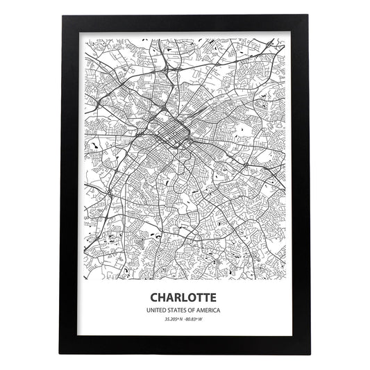 Poster con mapa de Charlotte - USA. Láminas de ciudades de Estados Unidos con mares y ríos en color negro.-Artwork-Nacnic-A4-Marco Negro-Nacnic Estudio SL