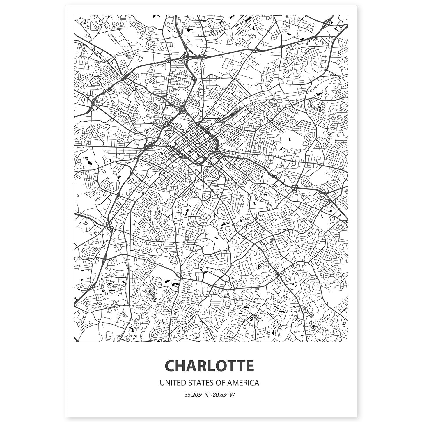 Poster con mapa de Charlotte - USA. Láminas de ciudades de Estados Unidos con mares y ríos en color negro.-Artwork-Nacnic-A4-Sin marco-Nacnic Estudio SL