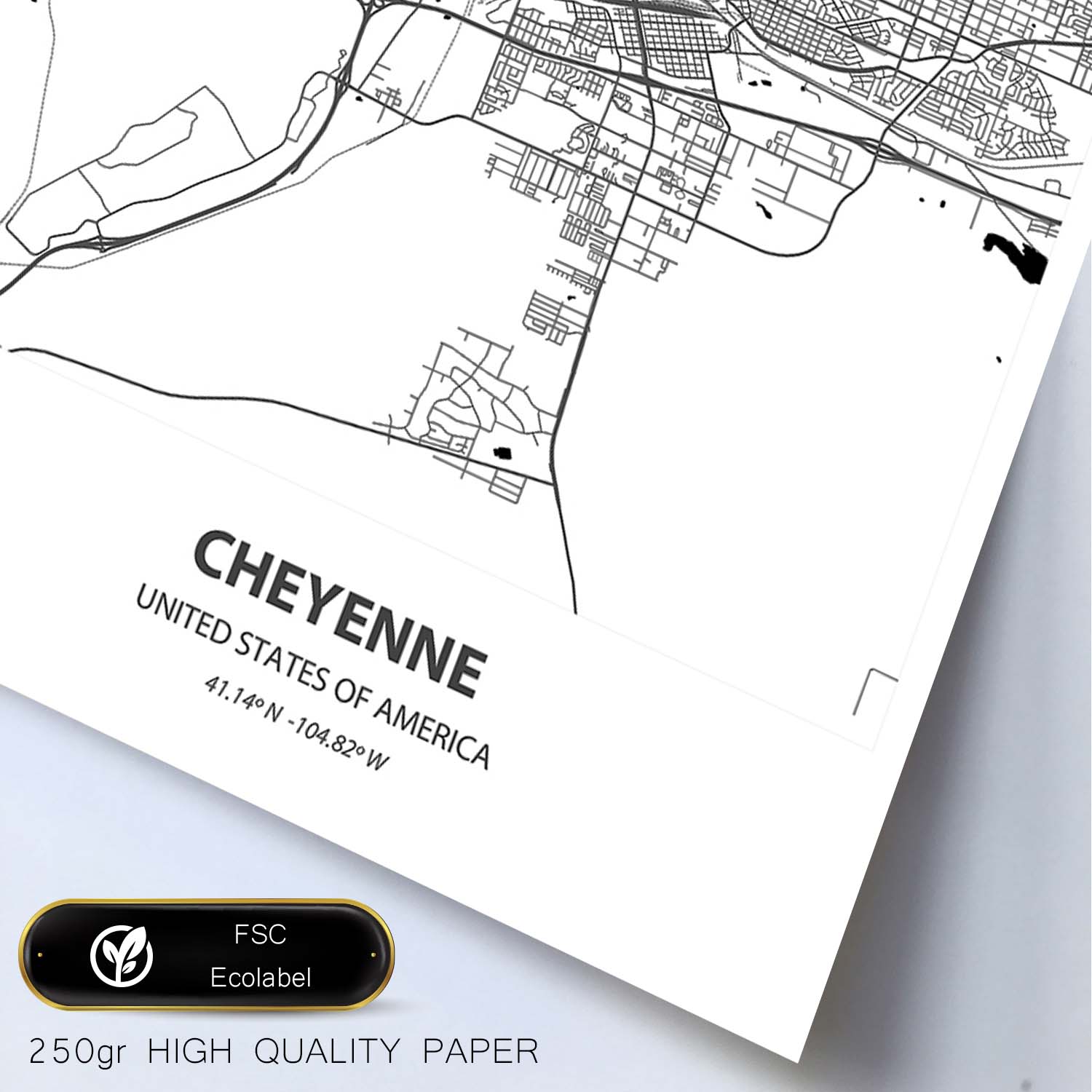 Poster con mapa de Cheyenne - USA. Láminas de ciudades de Estados Unidos con mares y ríos en color negro.-Artwork-Nacnic-Nacnic Estudio SL