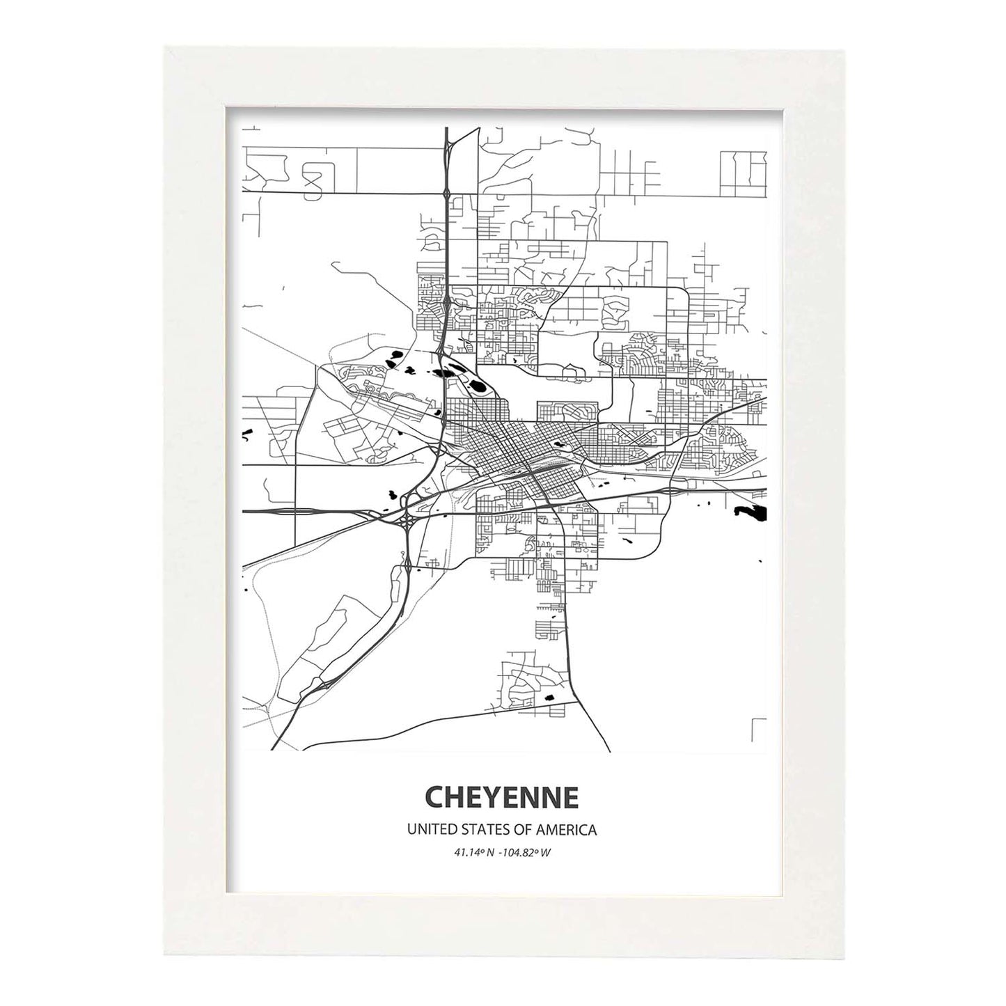 Poster con mapa de Cheyenne - USA. Láminas de ciudades de Estados Unidos con mares y ríos en color negro.-Artwork-Nacnic-A3-Marco Blanco-Nacnic Estudio SL