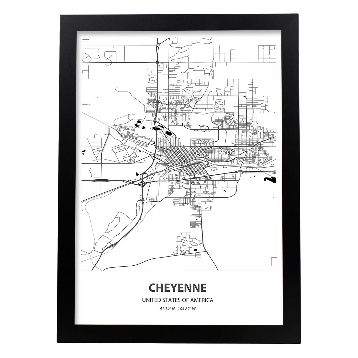 Poster con mapa de Cheyenne - USA. Láminas de ciudades de Estados Unidos con mares y ríos en color negro.-Artwork-Nacnic-A3-Marco Negro-Nacnic Estudio SL