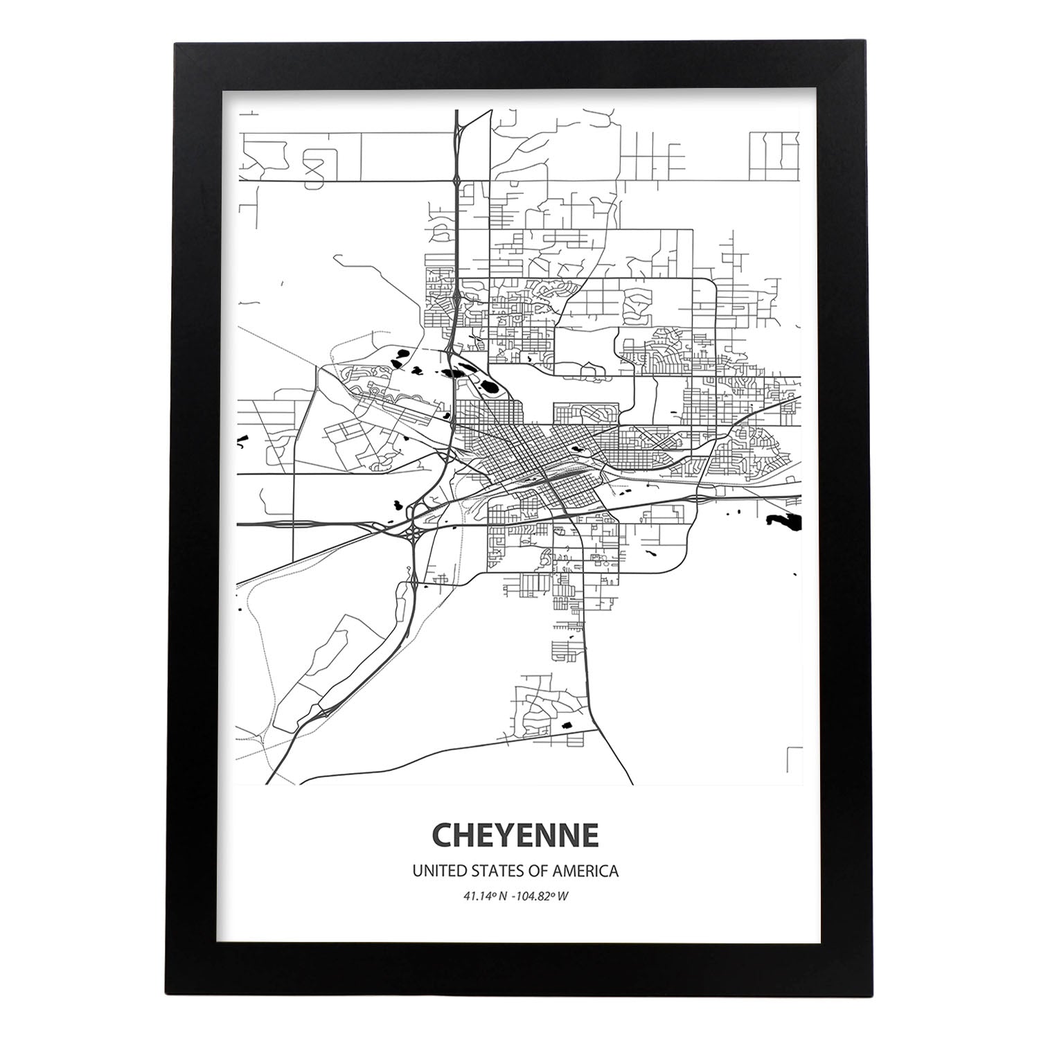 Poster con mapa de Cheyenne - USA. Láminas de ciudades de Estados Unidos con mares y ríos en color negro.-Artwork-Nacnic-A4-Marco Negro-Nacnic Estudio SL