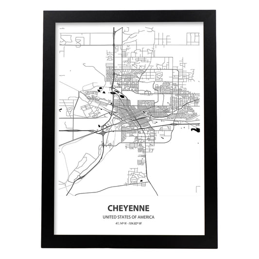 Poster con mapa de Cheyenne - USA. Láminas de ciudades de Estados Unidos con mares y ríos en color negro.-Artwork-Nacnic-A4-Marco Negro-Nacnic Estudio SL