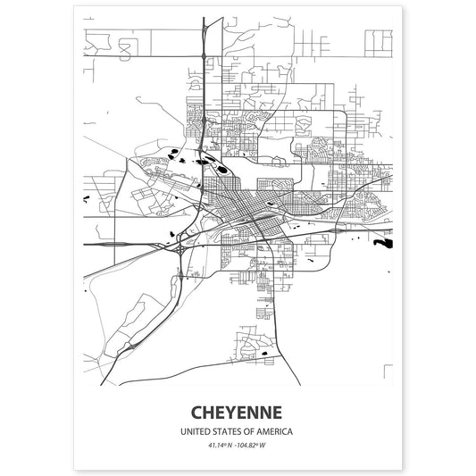 Poster con mapa de Cheyenne - USA. Láminas de ciudades de Estados Unidos con mares y ríos en color negro.-Artwork-Nacnic-A4-Sin marco-Nacnic Estudio SL