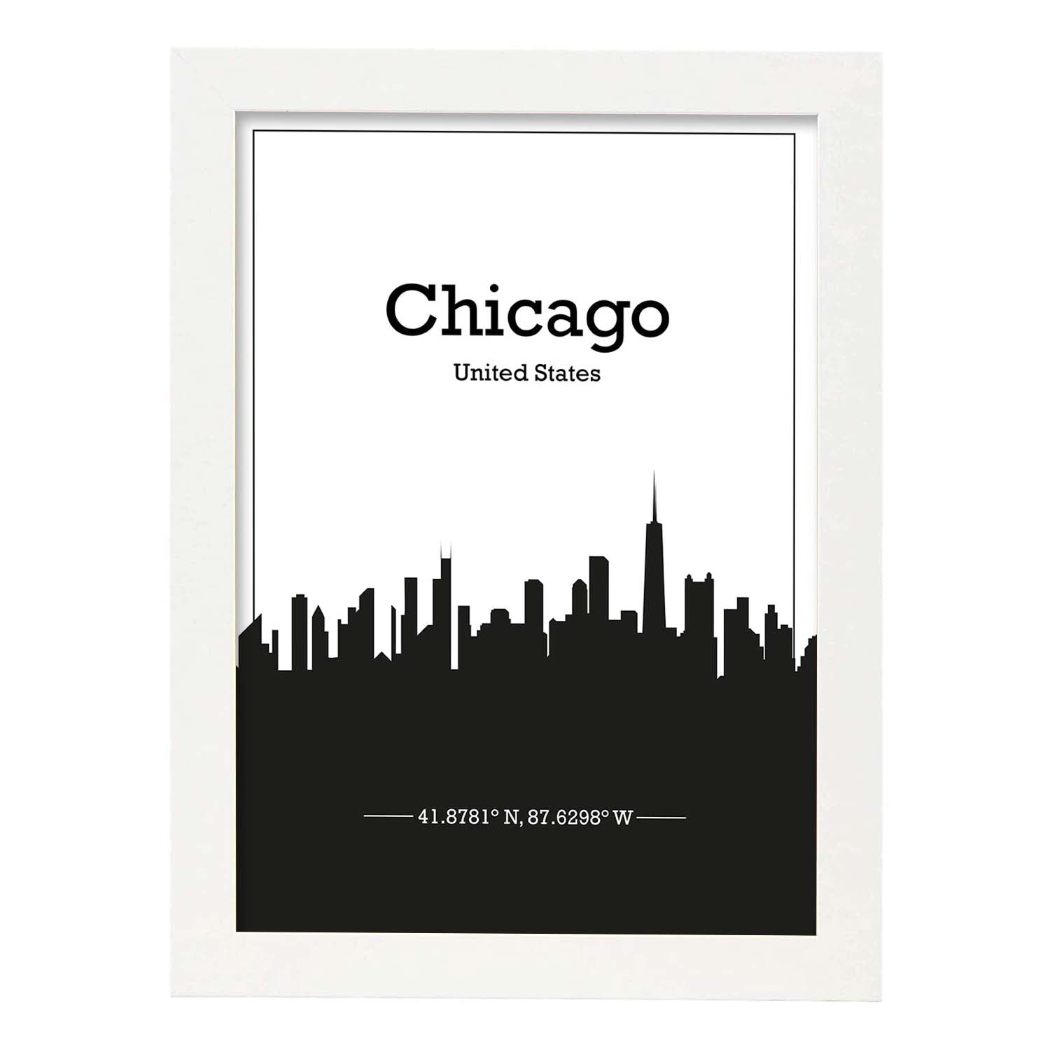 Poster con mapa de Chicago - USA. Láminas con Skyline de ciudades de Estados Unidos, Canada, Mexico con sombra negra.-Artwork-Nacnic-A3-Marco Blanco-Nacnic Estudio SL