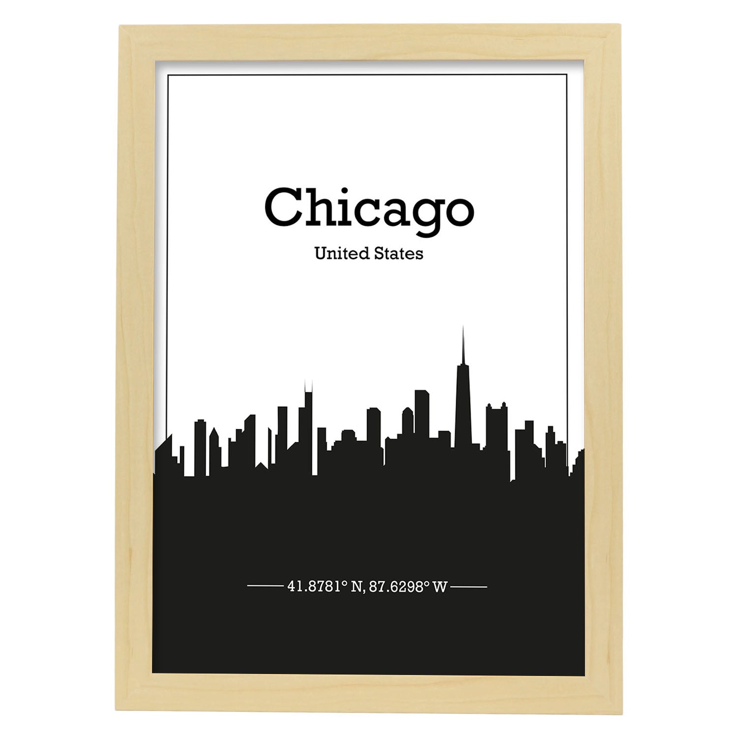 Poster con mapa de Chicago - USA. Láminas con Skyline de ciudades de Estados Unidos, Canada, Mexico con sombra negra.-Artwork-Nacnic-A3-Marco Madera clara-Nacnic Estudio SL