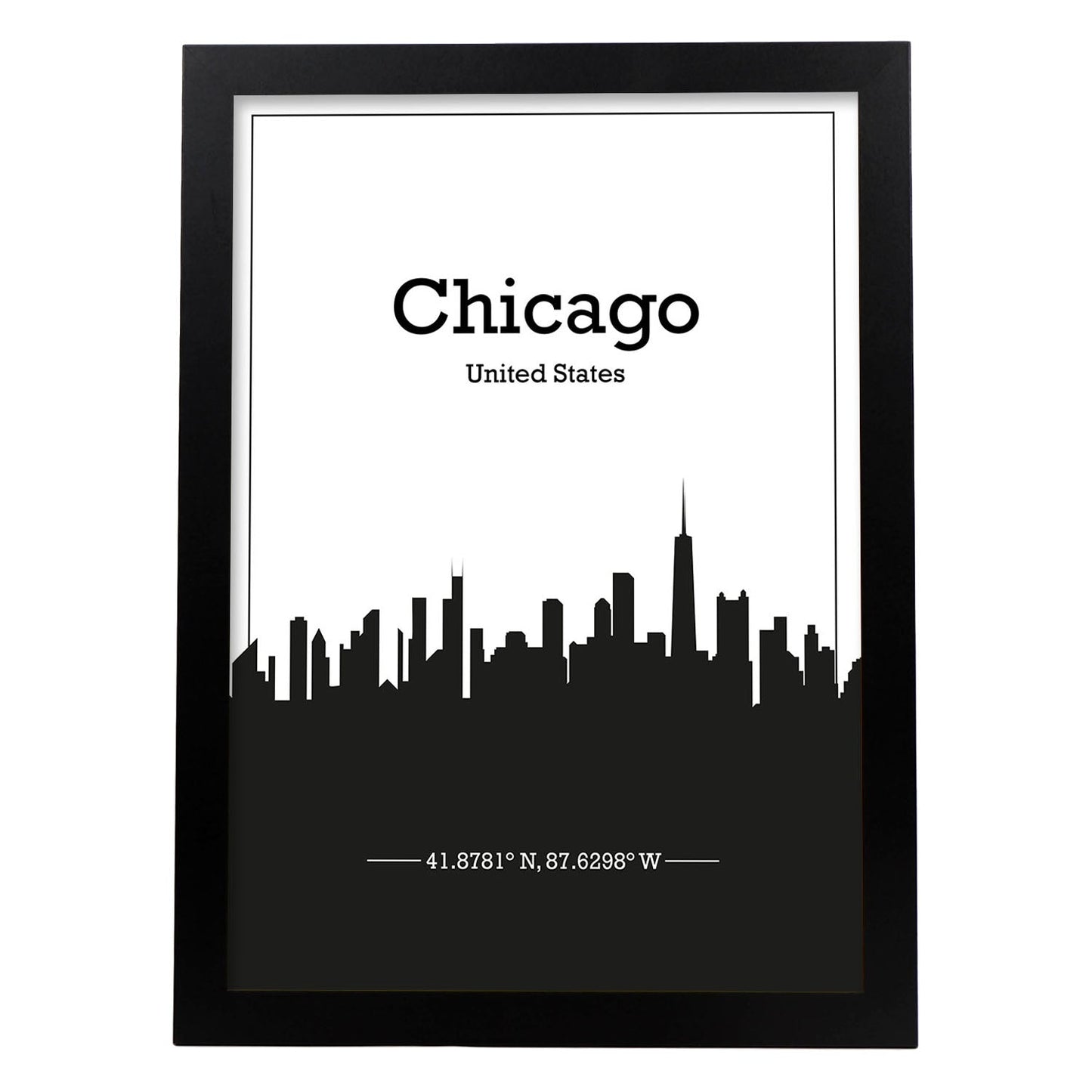 Poster con mapa de Chicago - USA. Láminas con Skyline de ciudades de Estados Unidos, Canada, Mexico con sombra negra.-Artwork-Nacnic-A3-Marco Negro-Nacnic Estudio SL