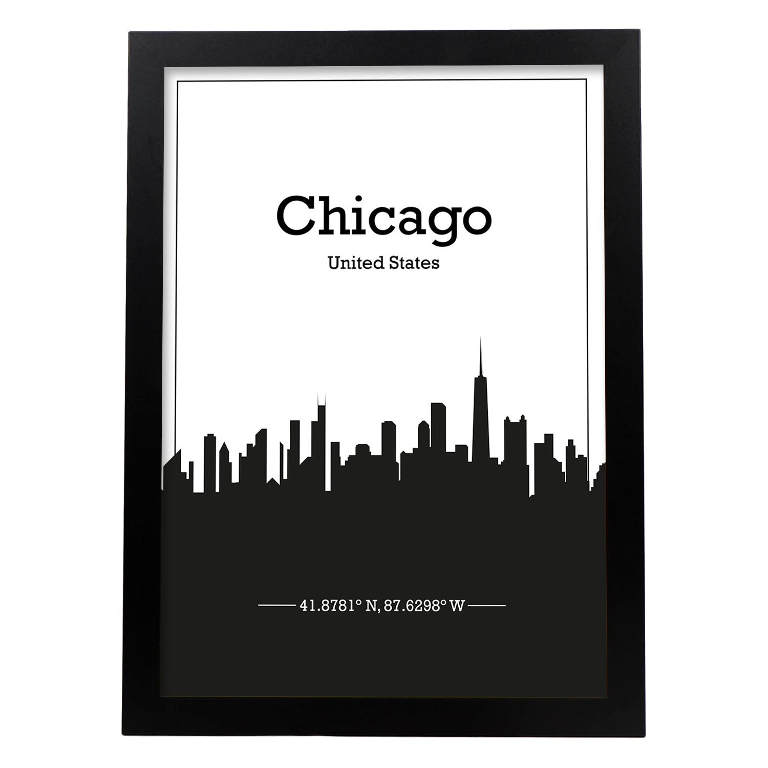 Poster con mapa de Chicago - USA. Láminas con Skyline de ciudades de Estados Unidos, Canada, Mexico con sombra negra.-Artwork-Nacnic-A4-Marco Negro-Nacnic Estudio SL