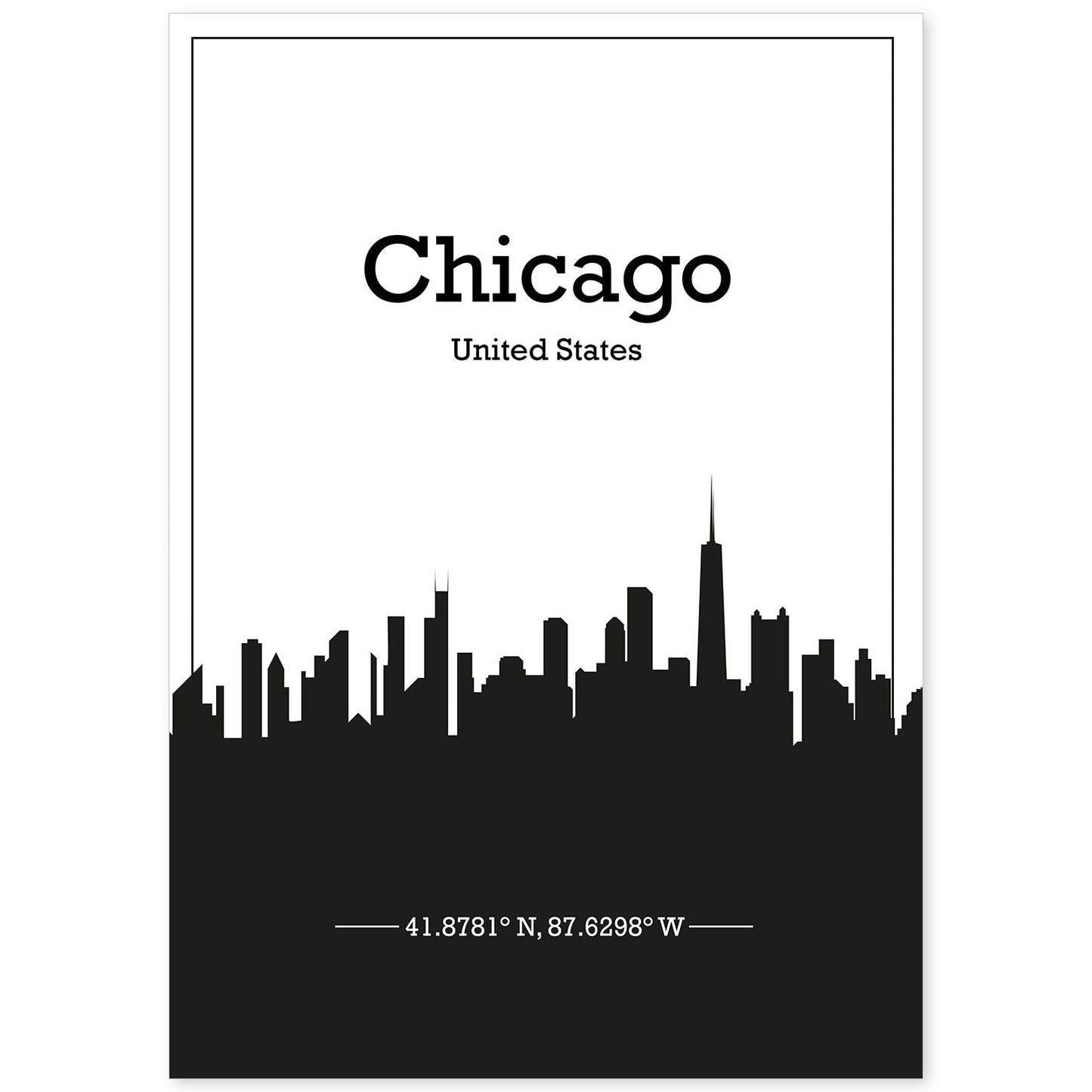 Poster con mapa de Chicago - USA. Láminas con Skyline de ciudades de Estados Unidos, Canada, Mexico con sombra negra.-Artwork-Nacnic-A4-Sin marco-Nacnic Estudio SL