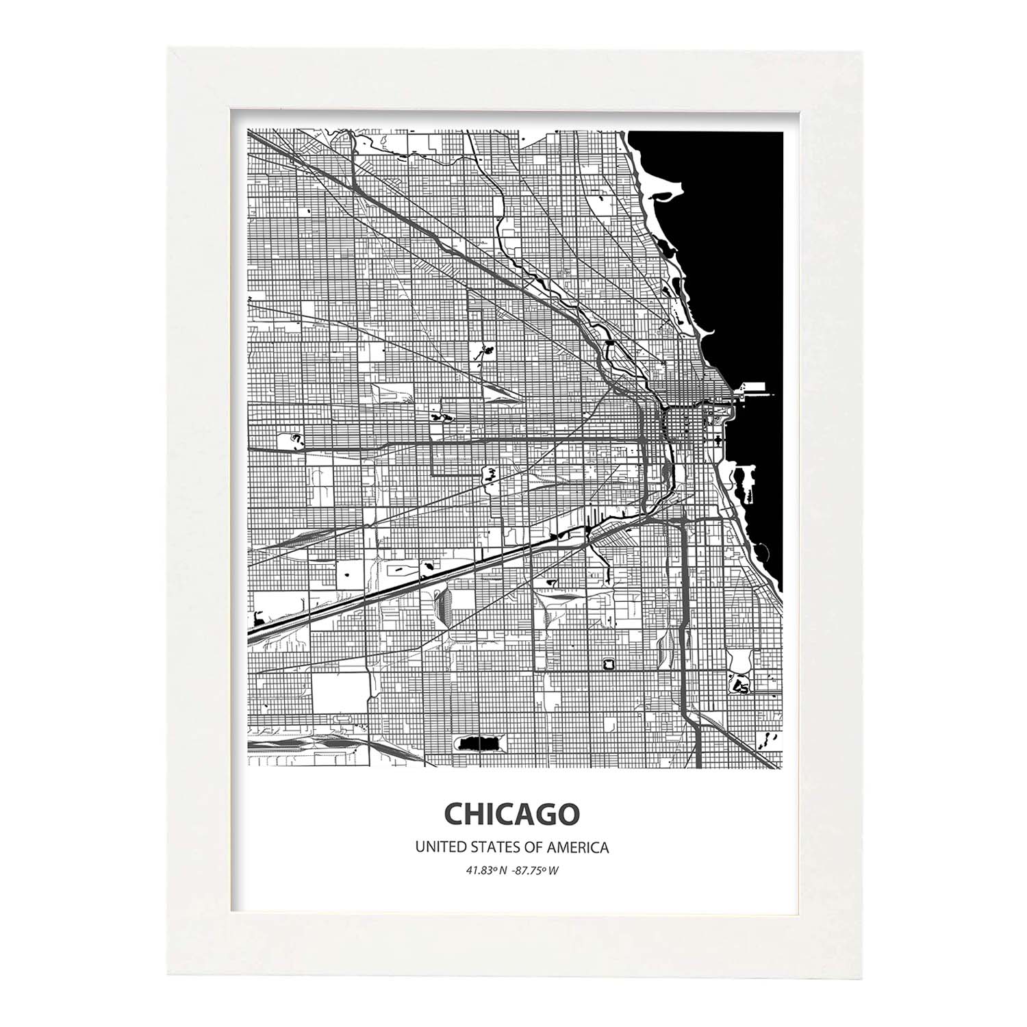 Poster con mapa de Chicago - USA. Láminas de ciudades de Estados Unidos con mares y ríos en color negro.-Artwork-Nacnic-A3-Marco Blanco-Nacnic Estudio SL