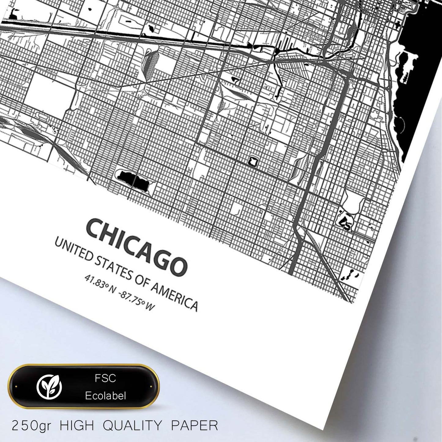 Poster con mapa de Chicago - USA. Láminas de ciudades de Estados Unidos con mares y ríos en color negro.-Artwork-Nacnic-Nacnic Estudio SL
