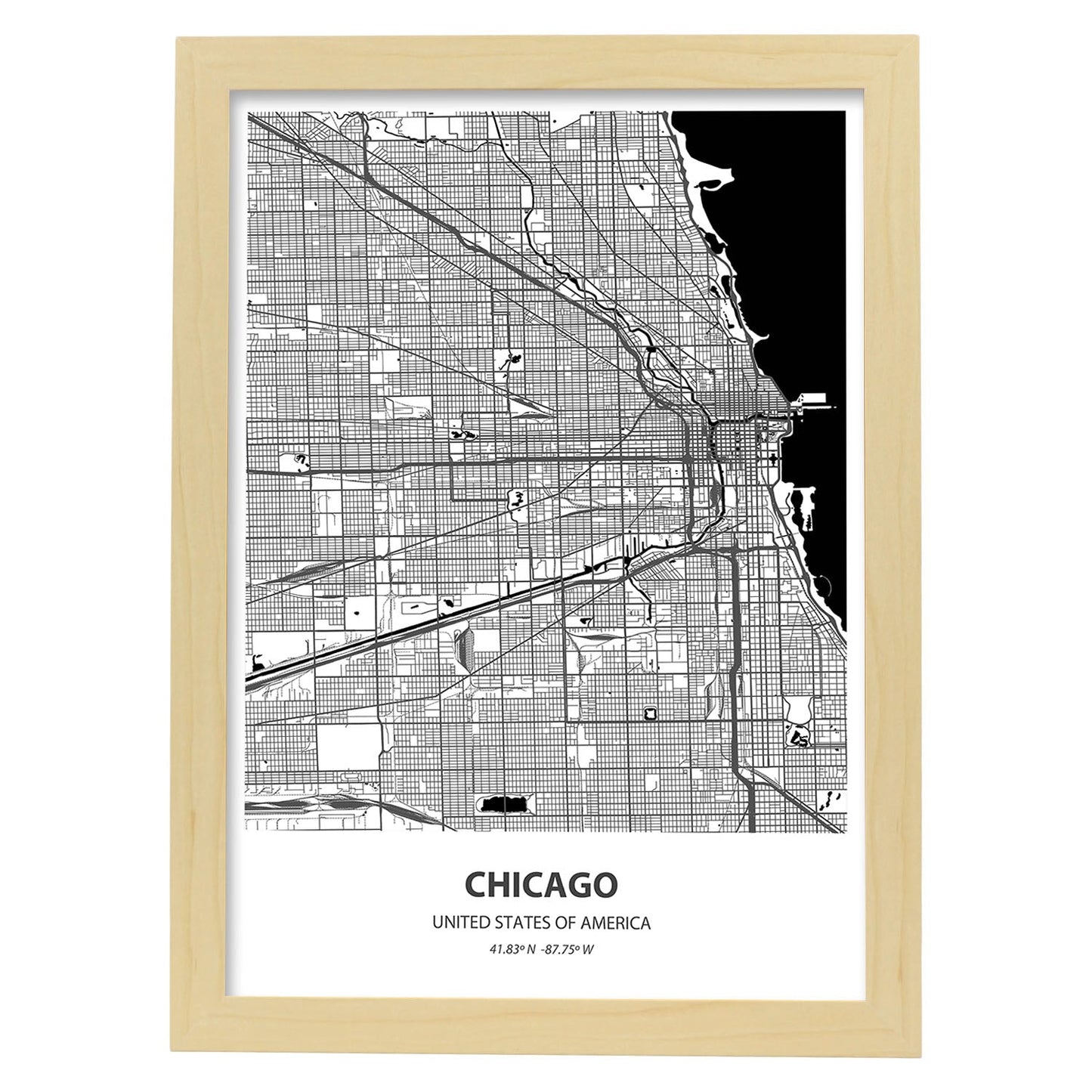 Poster con mapa de Chicago - USA. Láminas de ciudades de Estados Unidos con mares y ríos en color negro.-Artwork-Nacnic-A3-Marco Madera clara-Nacnic Estudio SL