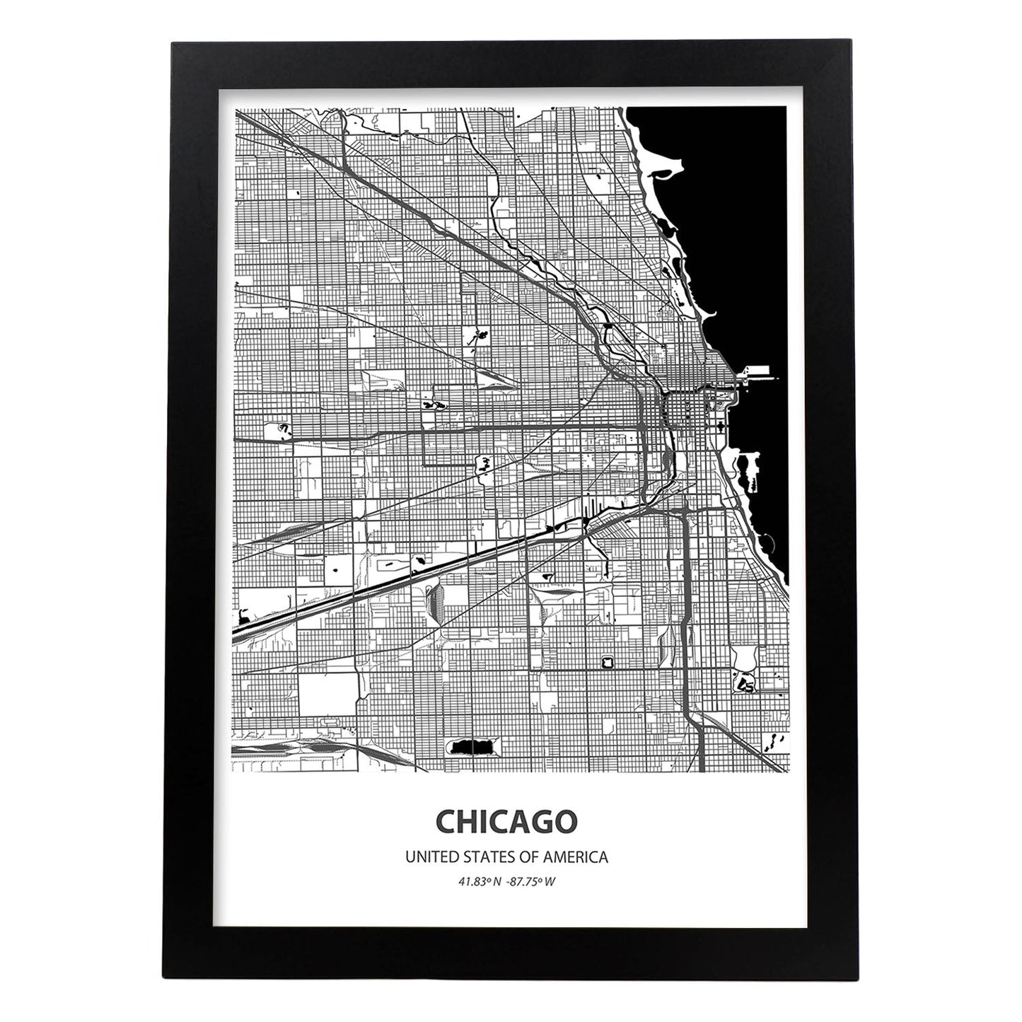 Poster con mapa de Chicago - USA. Láminas de ciudades de Estados Unidos con mares y ríos en color negro.-Artwork-Nacnic-A3-Marco Negro-Nacnic Estudio SL