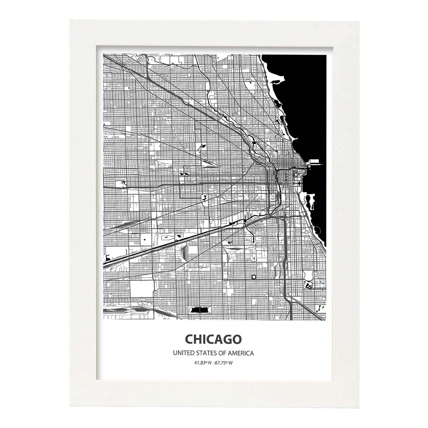 Poster con mapa de Chicago - USA. Láminas de ciudades de Estados Unidos con mares y ríos en color negro.-Artwork-Nacnic-A4-Marco Blanco-Nacnic Estudio SL