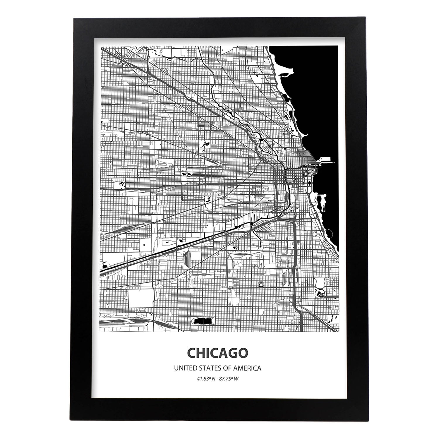 Poster con mapa de Chicago - USA. Láminas de ciudades de Estados Unidos con mares y ríos en color negro.-Artwork-Nacnic-A4-Marco Negro-Nacnic Estudio SL