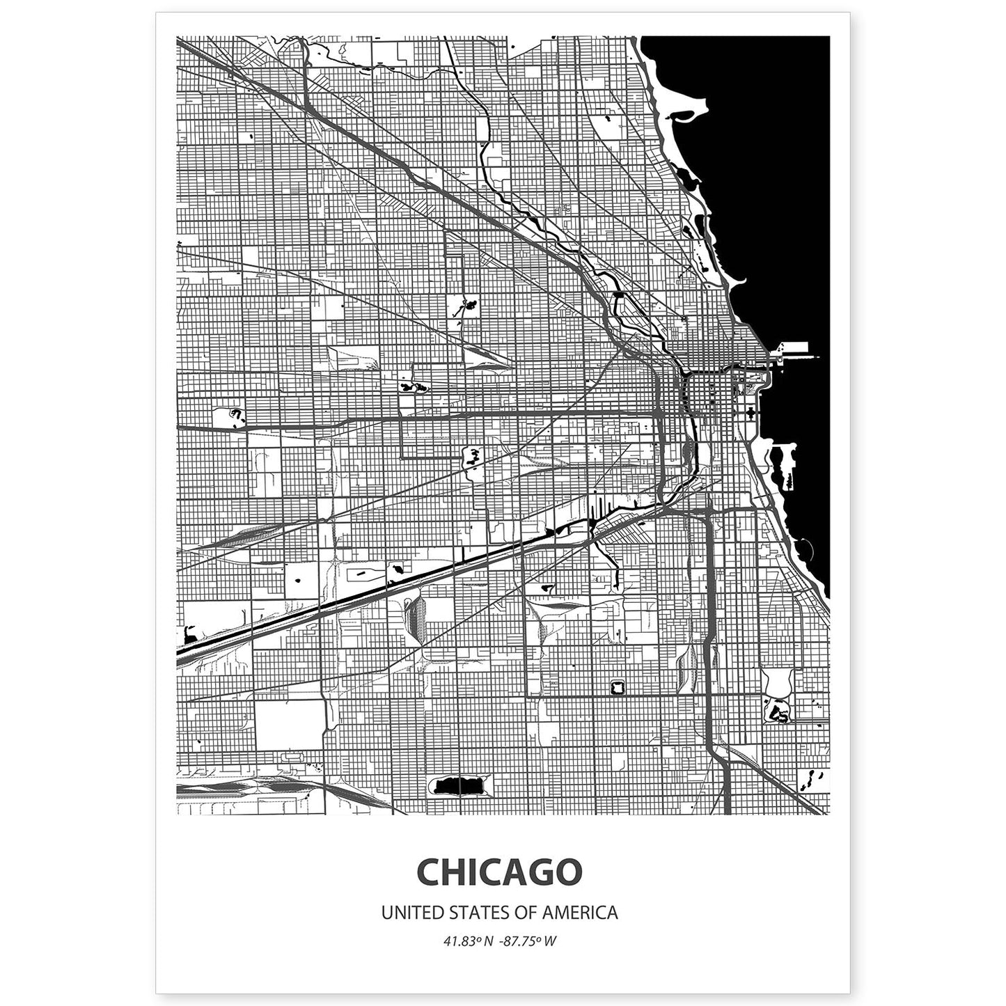 Poster con mapa de Chicago - USA. Láminas de ciudades de Estados Unidos con mares y ríos en color negro.-Artwork-Nacnic-A4-Sin marco-Nacnic Estudio SL