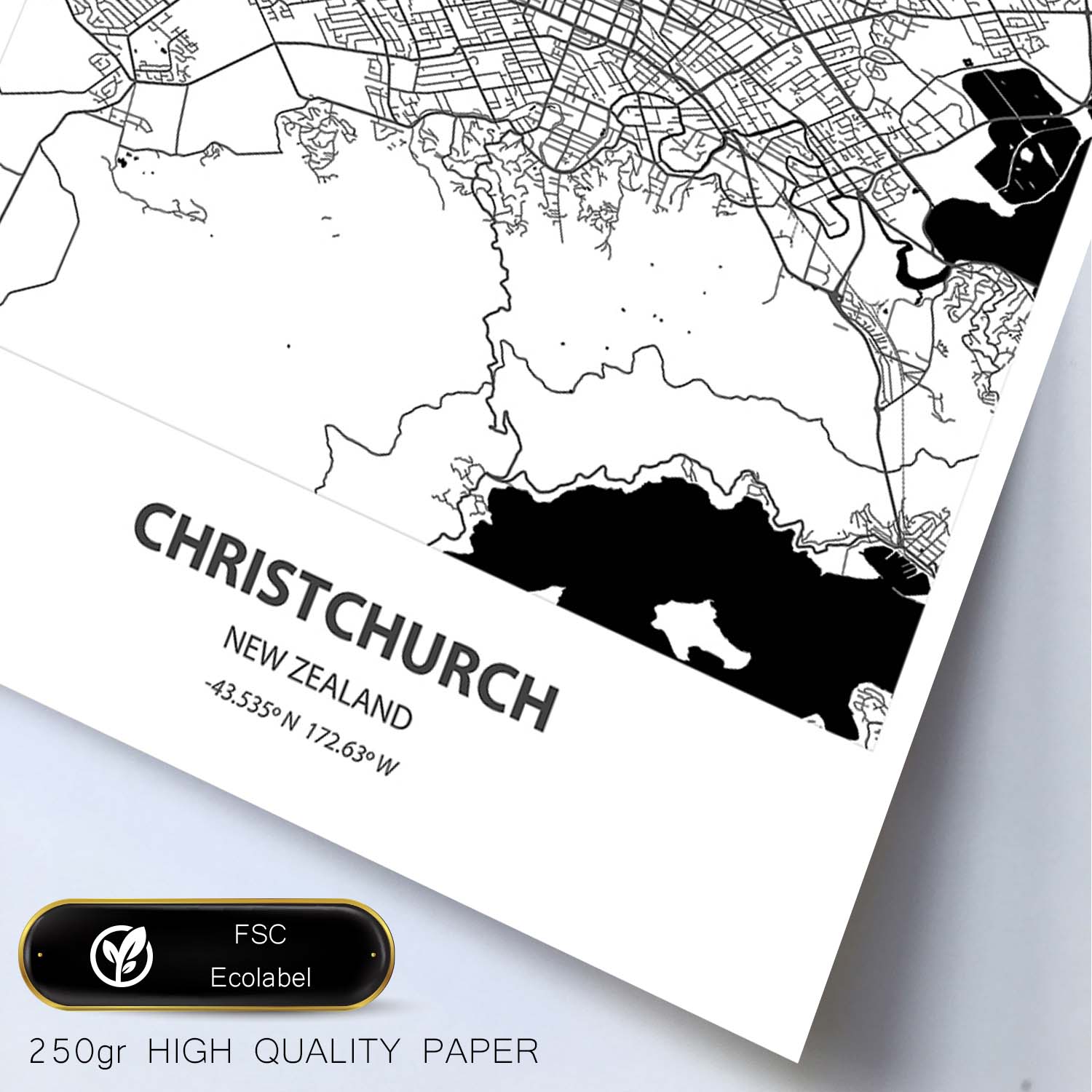 Poster con mapa de Christichurch - Nueva Zelanda. Láminas de ciudades de Australia con mares y ríos en color negro.-Artwork-Nacnic-Nacnic Estudio SL