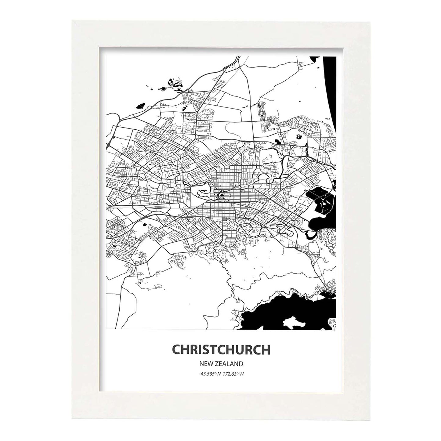 Poster con mapa de Christichurch - Nueva Zelanda. Láminas de ciudades de Australia con mares y ríos en color negro.-Artwork-Nacnic-A3-Marco Blanco-Nacnic Estudio SL