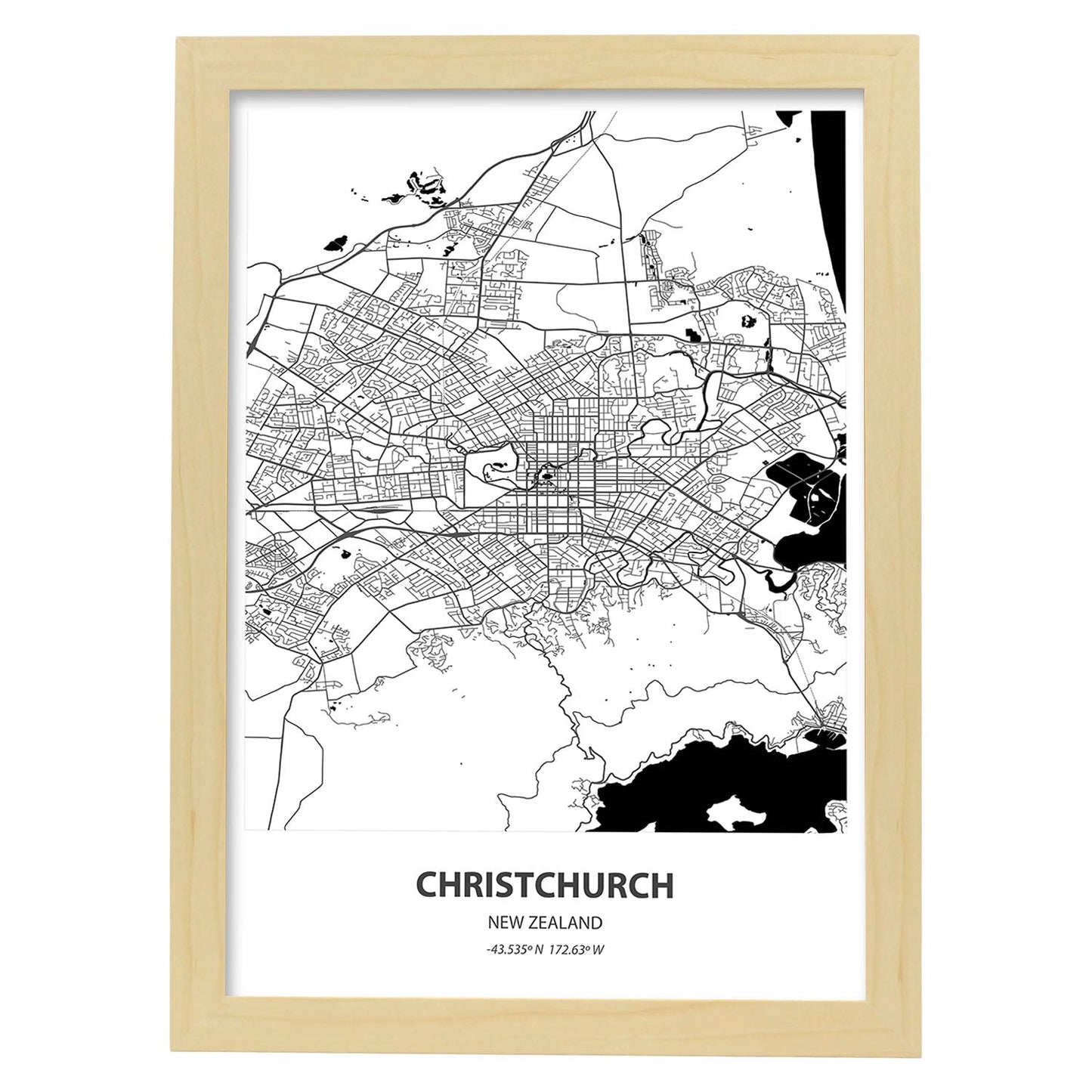 Poster con mapa de Christichurch - Nueva Zelanda. Láminas de ciudades de Australia con mares y ríos en color negro.-Artwork-Nacnic-A3-Marco Madera clara-Nacnic Estudio SL