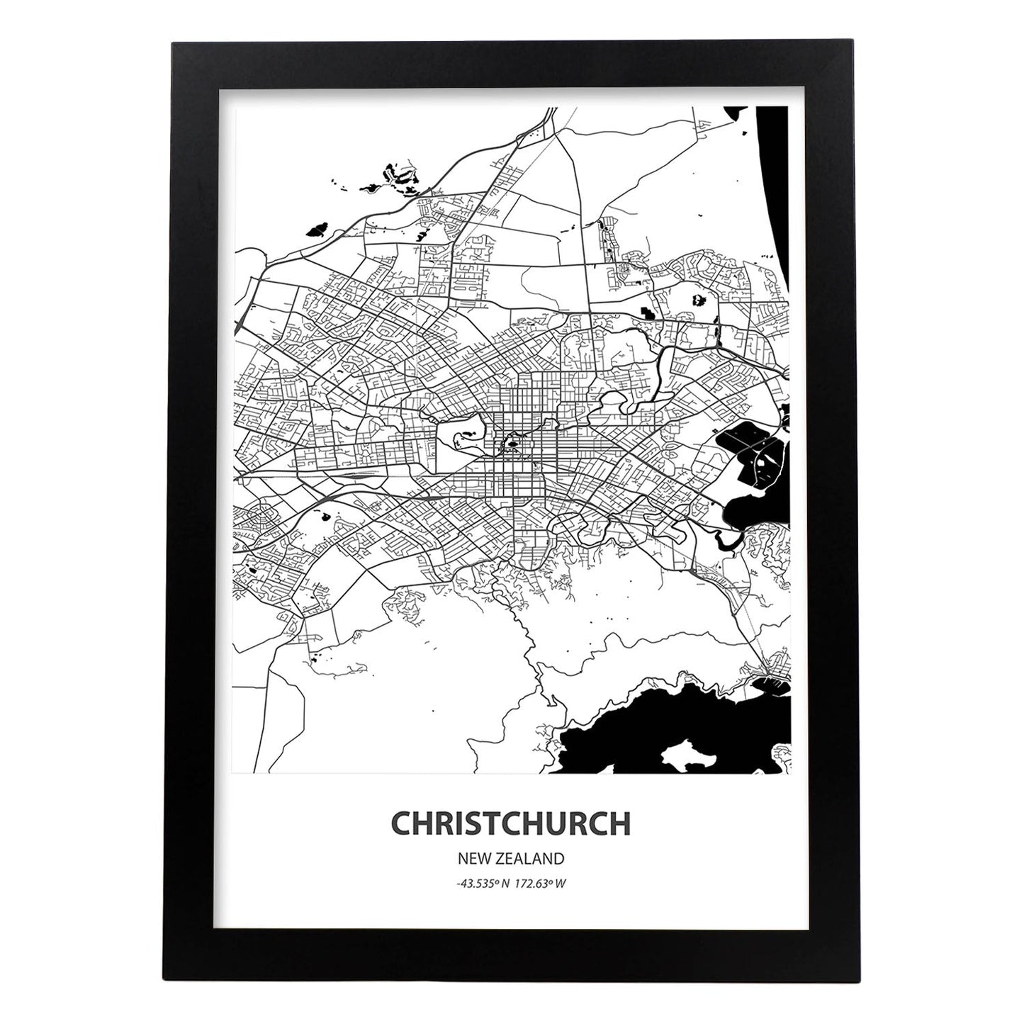 Poster con mapa de Christichurch - Nueva Zelanda. Láminas de ciudades de Australia con mares y ríos en color negro.-Artwork-Nacnic-A3-Marco Negro-Nacnic Estudio SL