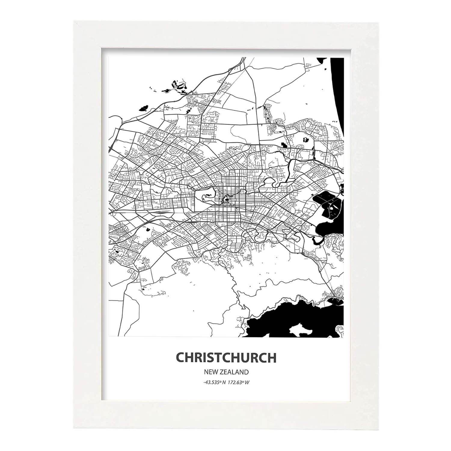 Poster con mapa de Christichurch - Nueva Zelanda. Láminas de ciudades de Australia con mares y ríos en color negro.-Artwork-Nacnic-A4-Marco Blanco-Nacnic Estudio SL