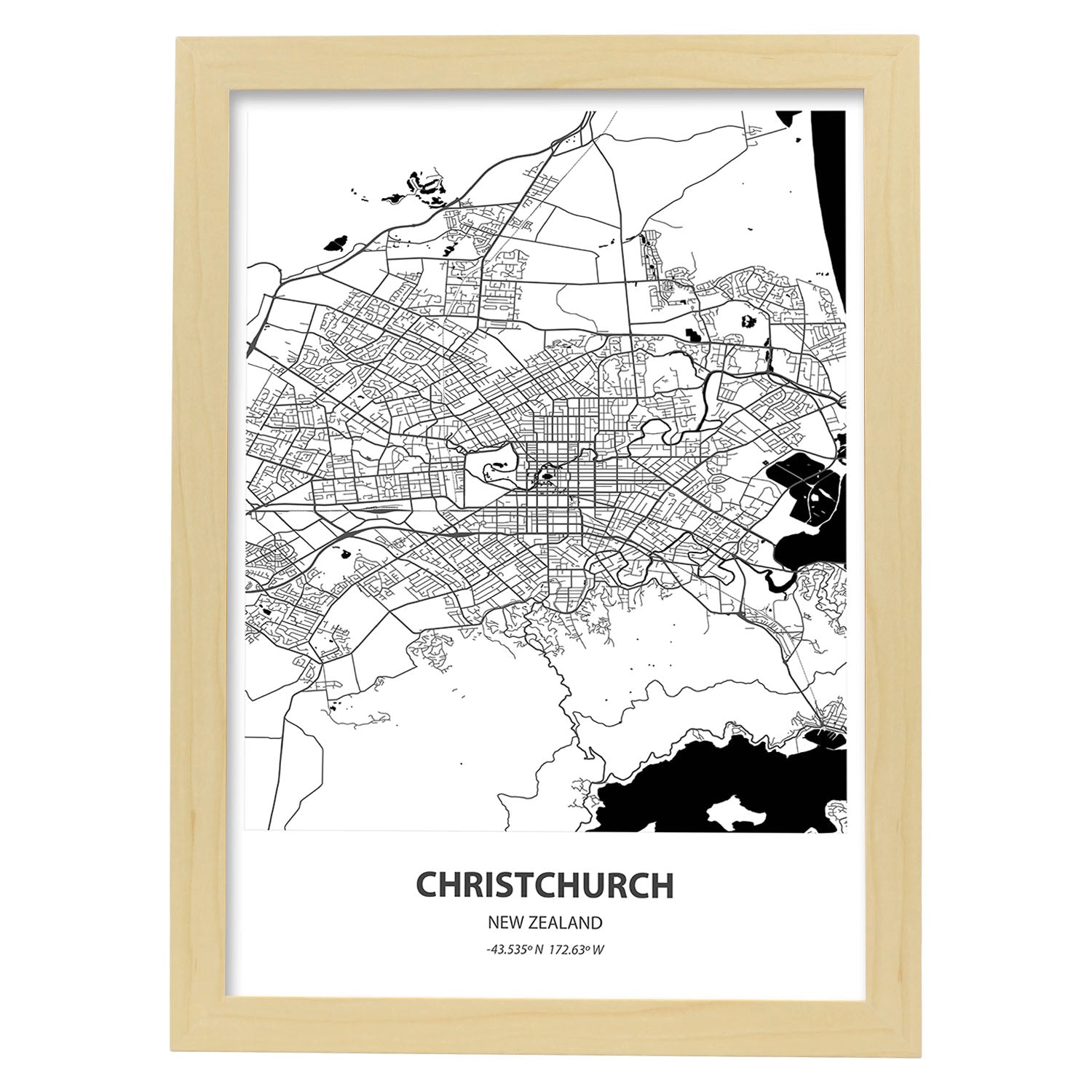 Poster con mapa de Christichurch - Nueva Zelanda. Láminas de ciudades de Australia con mares y ríos en color negro.-Artwork-Nacnic-A4-Marco Madera clara-Nacnic Estudio SL