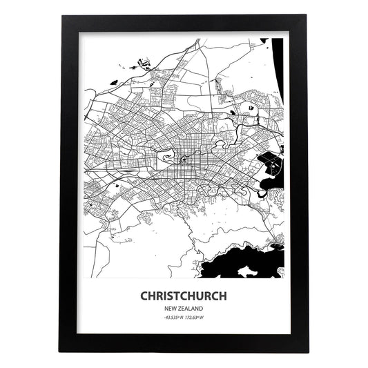 Poster con mapa de Christichurch - Nueva Zelanda. Láminas de ciudades de Australia con mares y ríos en color negro.-Artwork-Nacnic-A4-Marco Negro-Nacnic Estudio SL