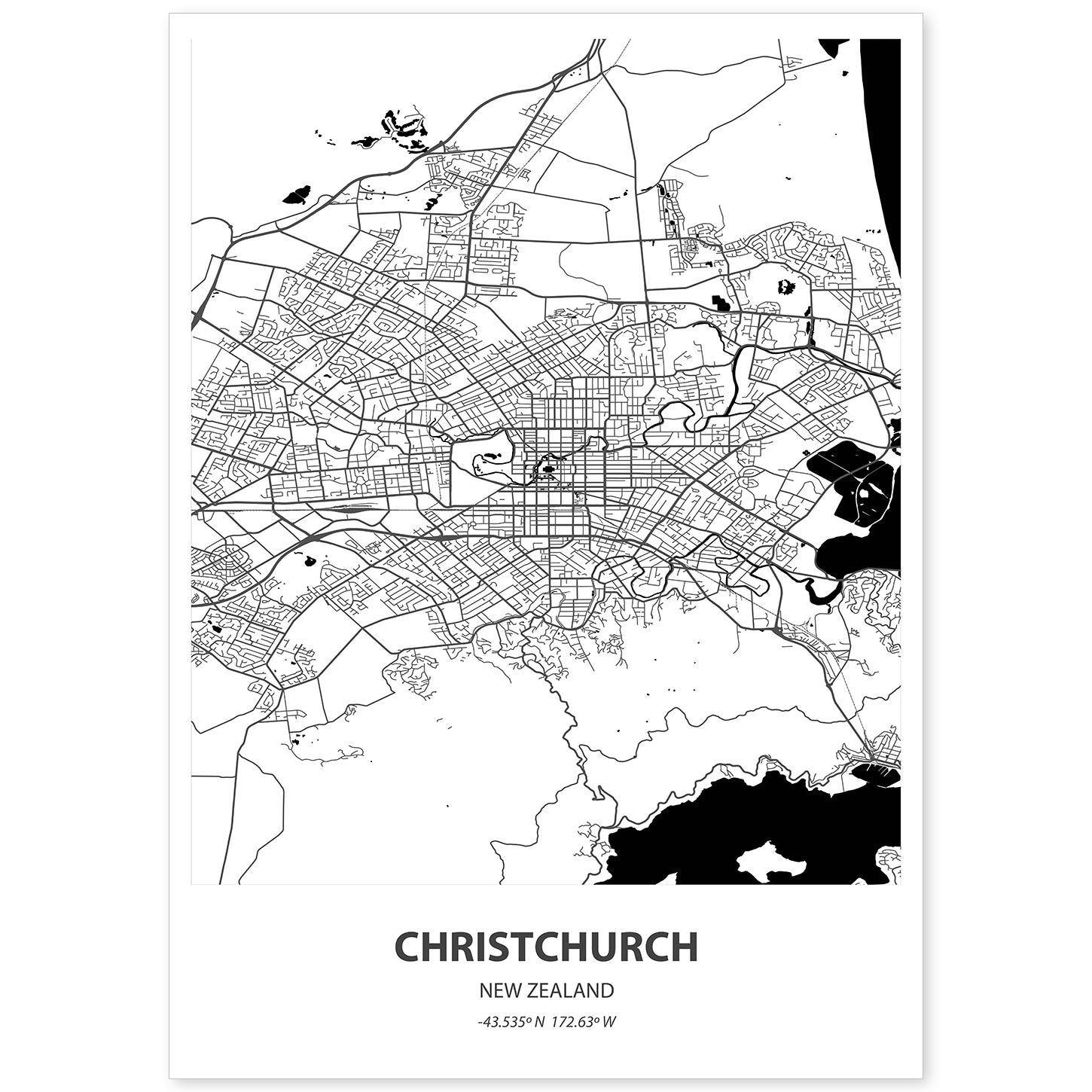 Poster con mapa de Christichurch - Nueva Zelanda. Láminas de ciudades de Australia con mares y ríos en color negro.-Artwork-Nacnic-A4-Sin marco-Nacnic Estudio SL