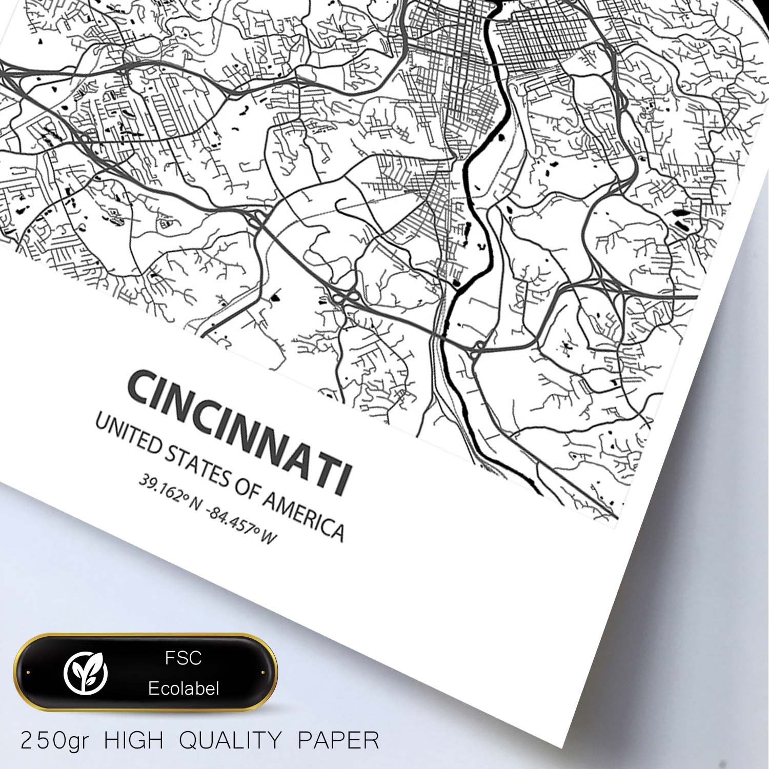 Poster con mapa de Cincinnati - USA. Láminas de ciudades de Estados Unidos con mares y ríos en color negro.-Artwork-Nacnic-Nacnic Estudio SL