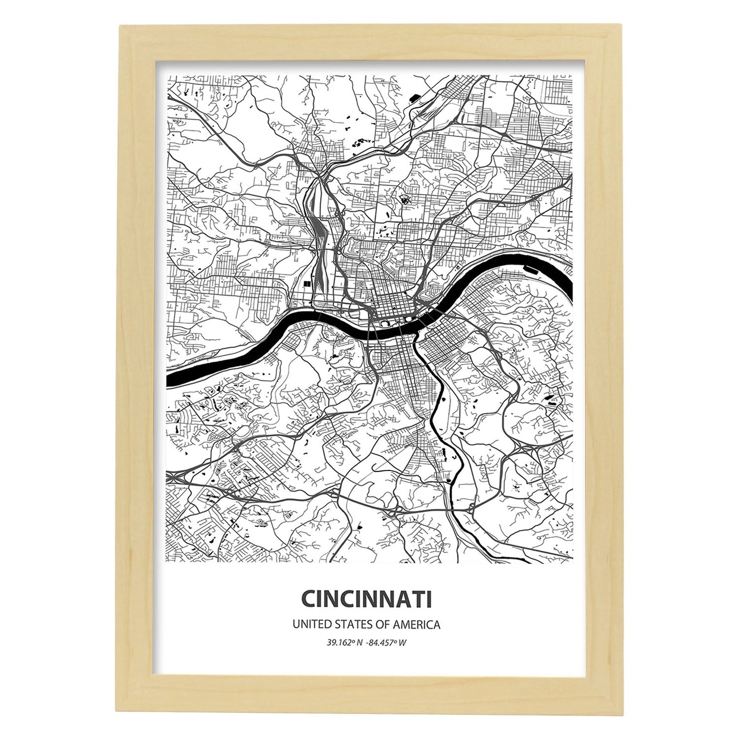 Poster con mapa de Cincinnati - USA. Láminas de ciudades de Estados Unidos con mares y ríos en color negro.-Artwork-Nacnic-A3-Marco Madera clara-Nacnic Estudio SL