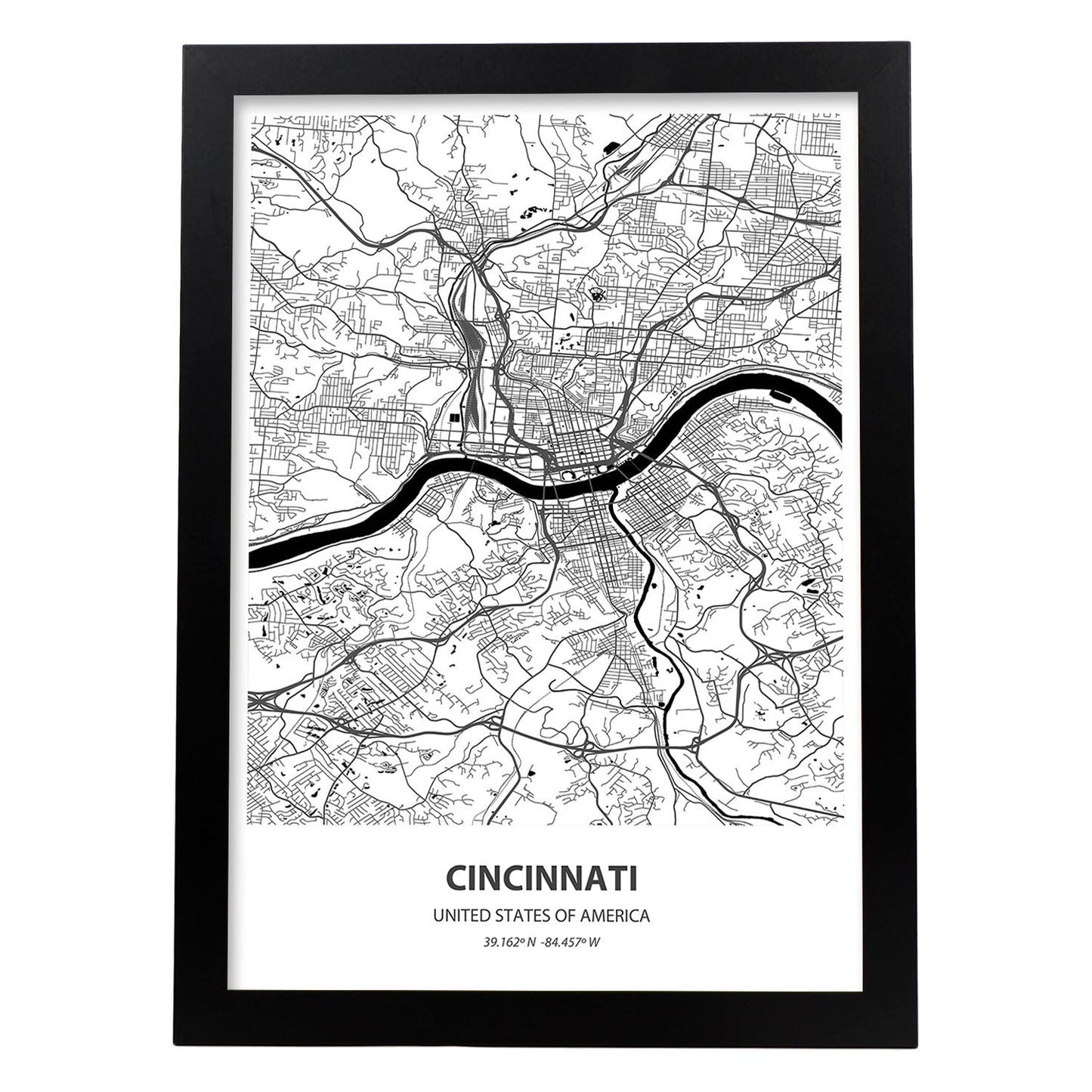 Poster con mapa de Cincinnati - USA. Láminas de ciudades de Estados Unidos con mares y ríos en color negro.-Artwork-Nacnic-A3-Marco Negro-Nacnic Estudio SL
