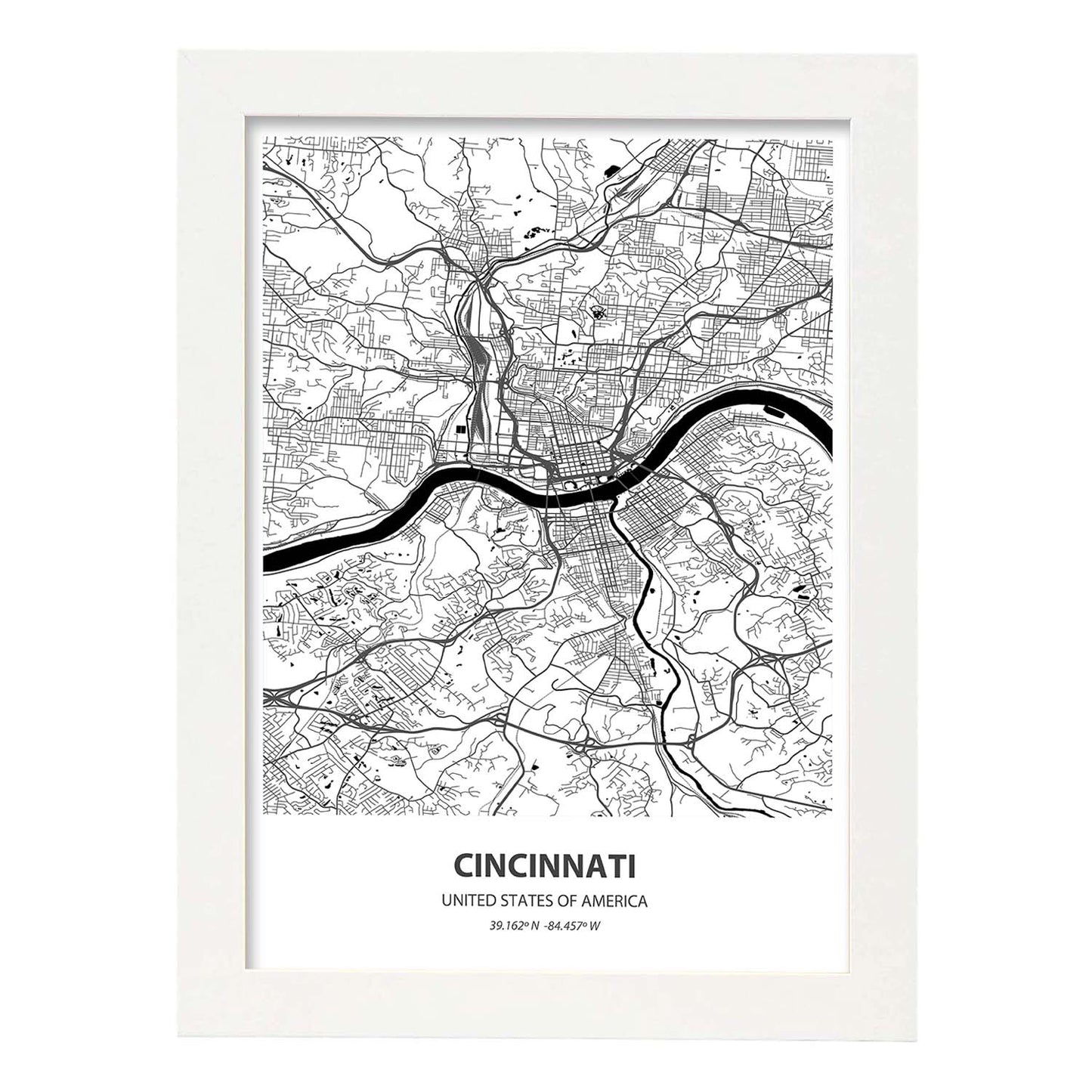 Poster con mapa de Cincinnati - USA. Láminas de ciudades de Estados Unidos con mares y ríos en color negro.-Artwork-Nacnic-A4-Marco Blanco-Nacnic Estudio SL