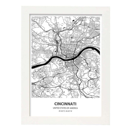 Poster con mapa de Cincinnati - USA. Láminas de ciudades de Estados Unidos con mares y ríos en color negro.-Artwork-Nacnic-A4-Marco Blanco-Nacnic Estudio SL
