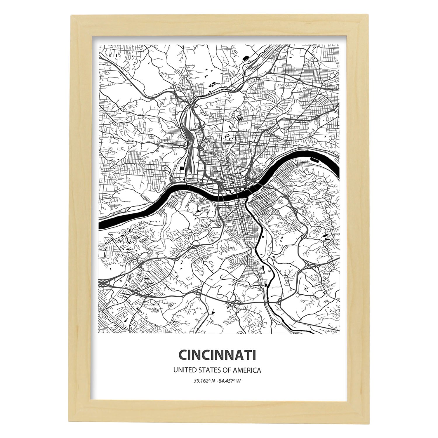 Poster con mapa de Cincinnati - USA. Láminas de ciudades de Estados Unidos con mares y ríos en color negro.-Artwork-Nacnic-A4-Marco Madera clara-Nacnic Estudio SL