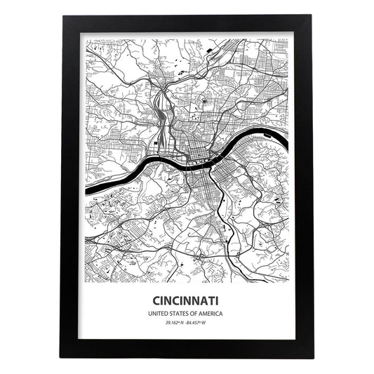 Poster con mapa de Cincinnati - USA. Láminas de ciudades de Estados Unidos con mares y ríos en color negro.-Artwork-Nacnic-A4-Marco Negro-Nacnic Estudio SL