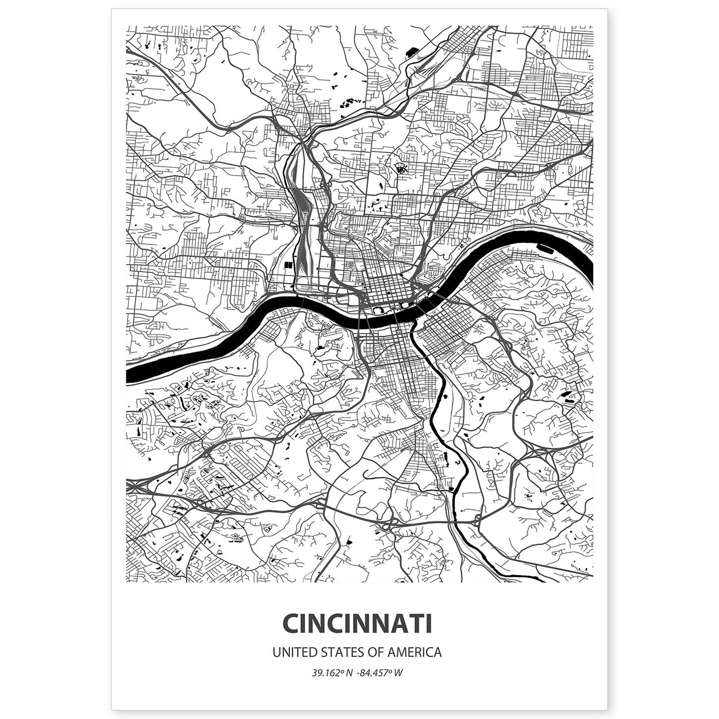 Poster con mapa de Cincinnati - USA. Láminas de ciudades de Estados Unidos con mares y ríos en color negro.-Artwork-Nacnic-A4-Sin marco-Nacnic Estudio SL