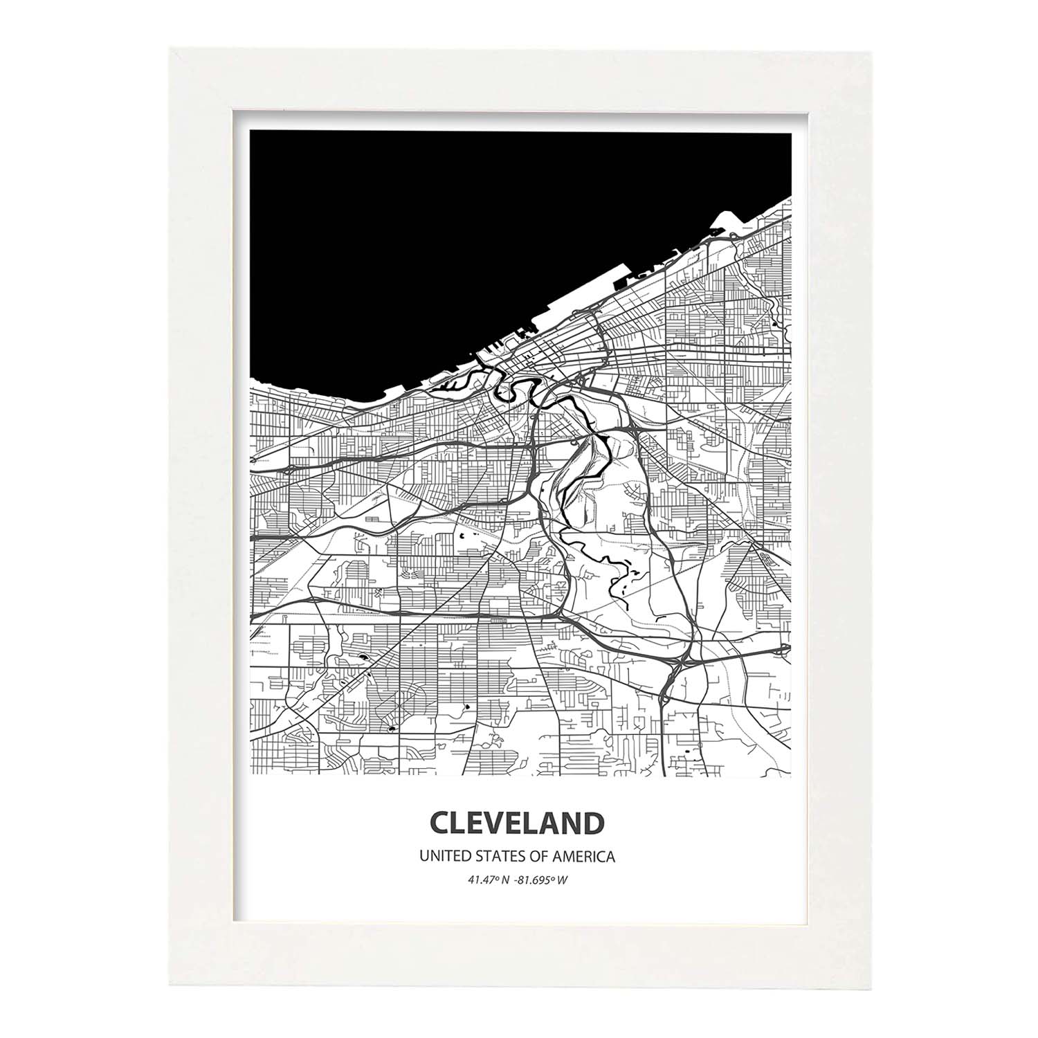 Poster con mapa de Cleveland - USA. Láminas de ciudades de Estados Unidos con mares y ríos en color negro.-Artwork-Nacnic-A3-Marco Blanco-Nacnic Estudio SL