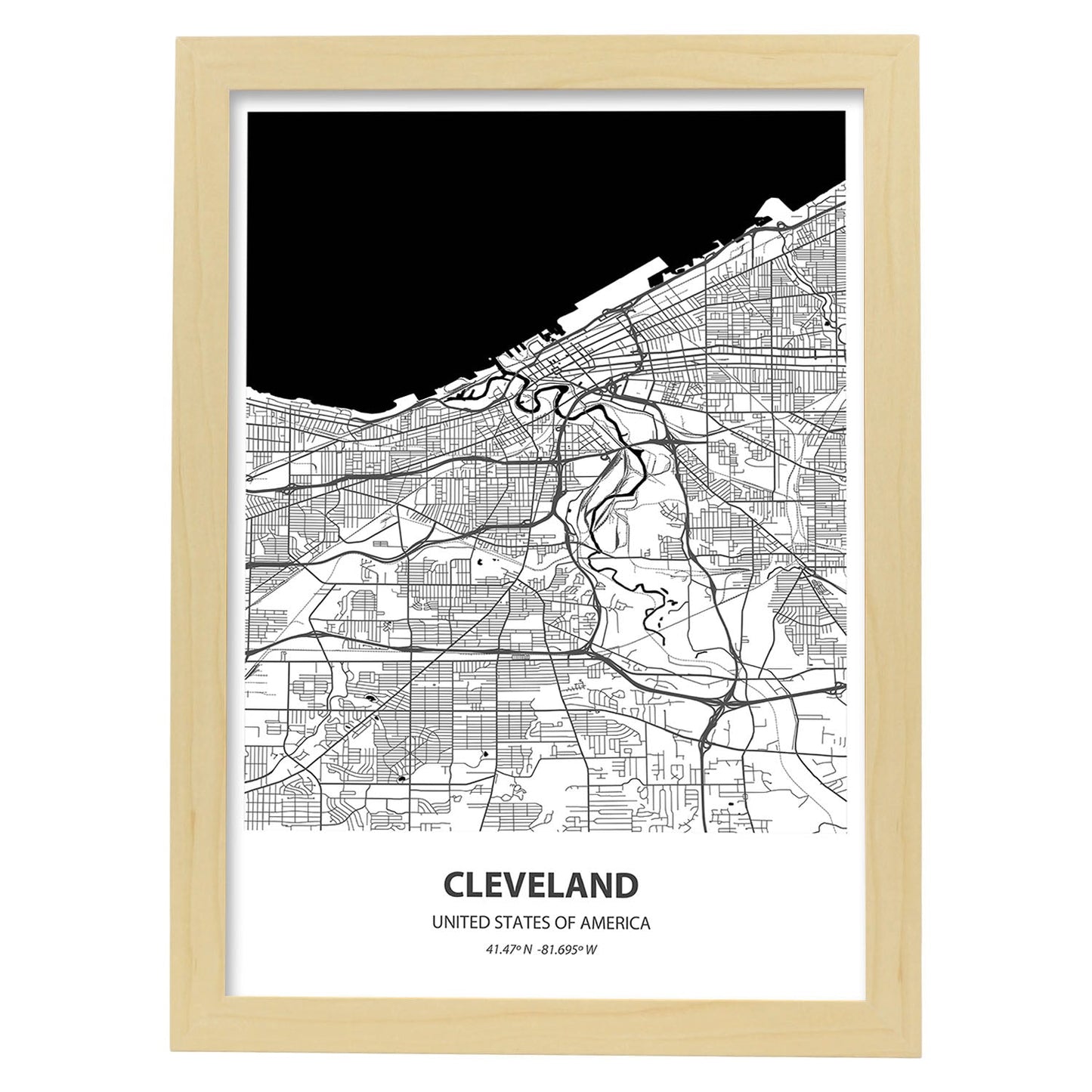 Poster con mapa de Cleveland - USA. Láminas de ciudades de Estados Unidos con mares y ríos en color negro.-Artwork-Nacnic-A3-Marco Madera clara-Nacnic Estudio SL