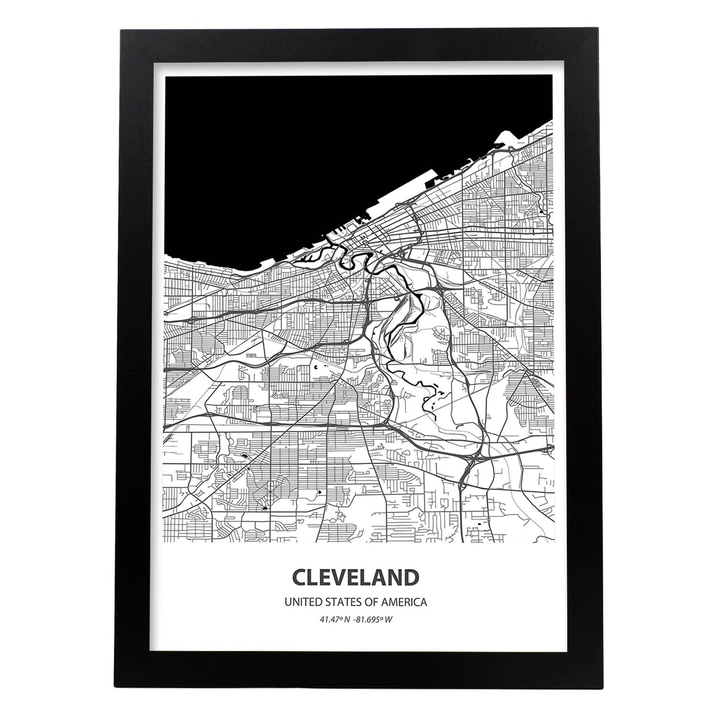 Poster con mapa de Cleveland - USA. Láminas de ciudades de Estados Unidos con mares y ríos en color negro.-Artwork-Nacnic-A3-Marco Negro-Nacnic Estudio SL