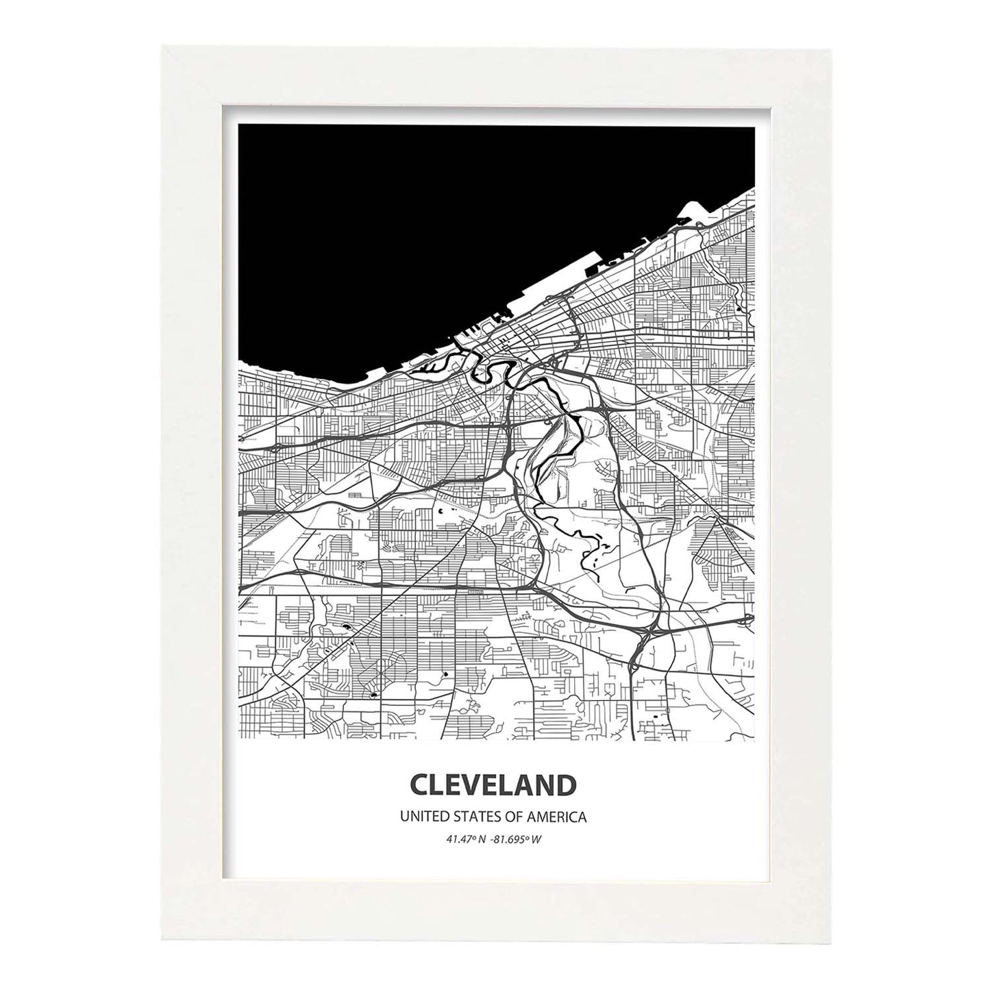 Poster con mapa de Cleveland - USA. Láminas de ciudades de Estados Unidos con mares y ríos en color negro.-Artwork-Nacnic-A4-Marco Blanco-Nacnic Estudio SL