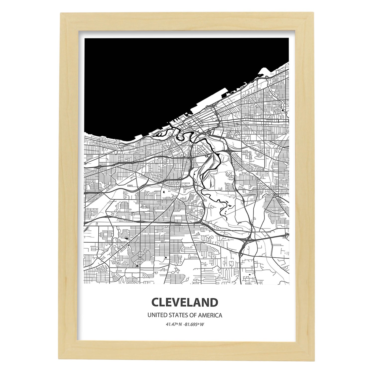 Poster con mapa de Cleveland - USA. Láminas de ciudades de Estados Unidos con mares y ríos en color negro.-Artwork-Nacnic-A4-Marco Madera clara-Nacnic Estudio SL
