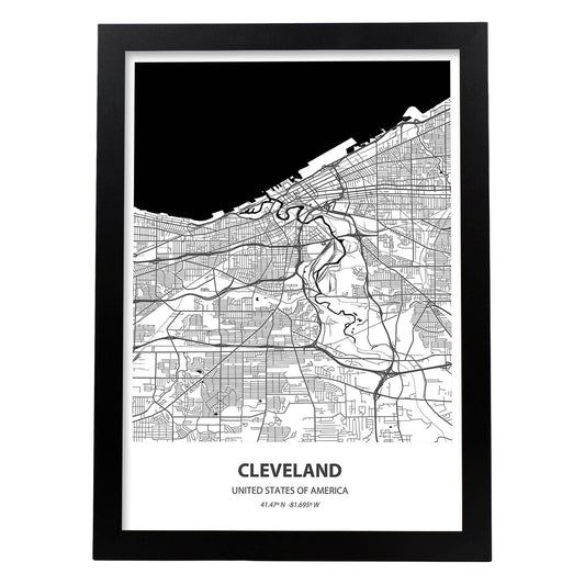 Poster con mapa de Cleveland - USA. Láminas de ciudades de Estados Unidos con mares y ríos en color negro.-Artwork-Nacnic-A4-Marco Negro-Nacnic Estudio SL