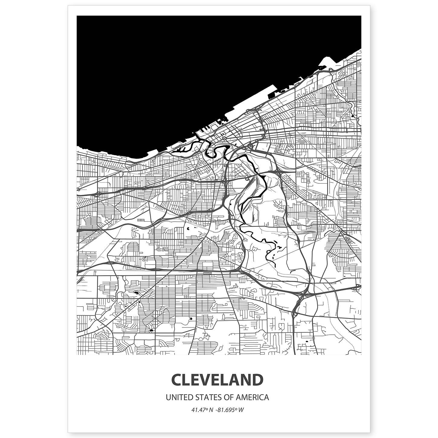 Poster con mapa de Cleveland - USA. Láminas de ciudades de Estados Unidos con mares y ríos en color negro.-Artwork-Nacnic-A4-Sin marco-Nacnic Estudio SL