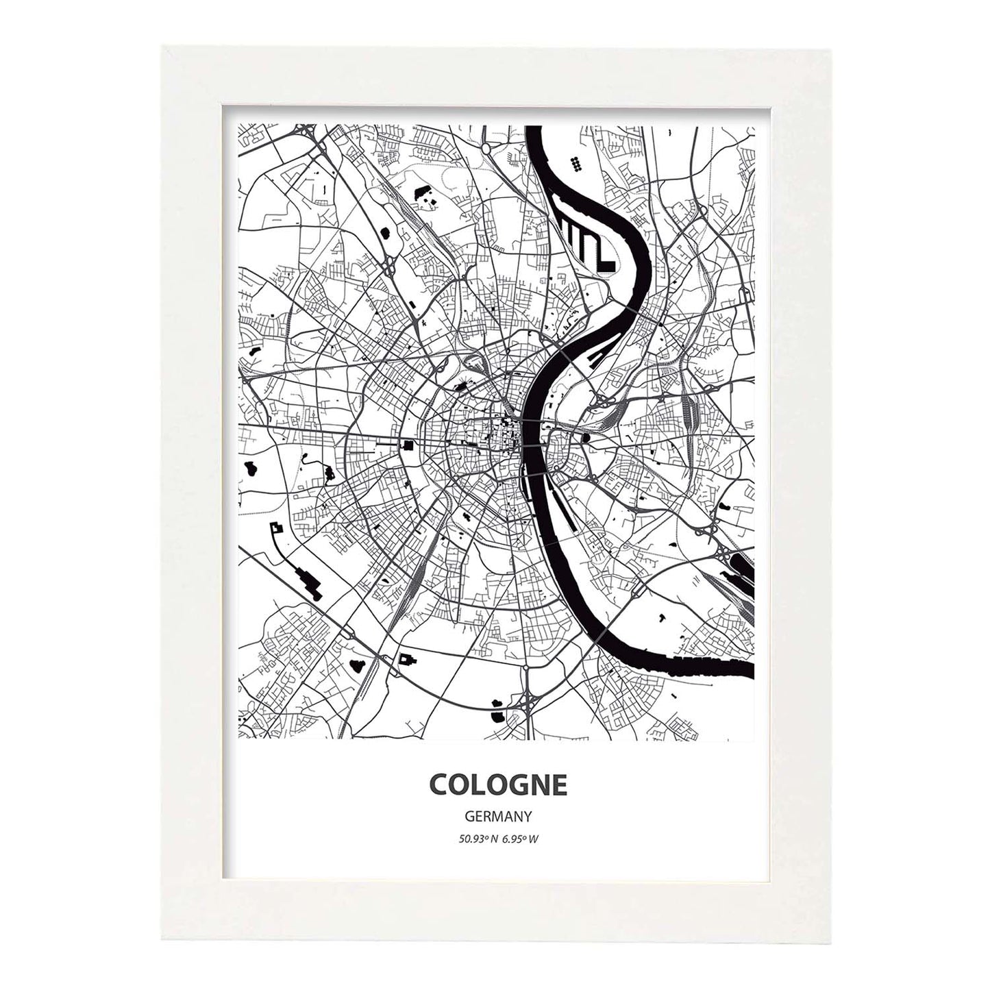 Poster con mapa de Cologne - Alemania. Láminas de ciudades de Alemania con mares y ríos en color negro.-Artwork-Nacnic-A3-Marco Blanco-Nacnic Estudio SL