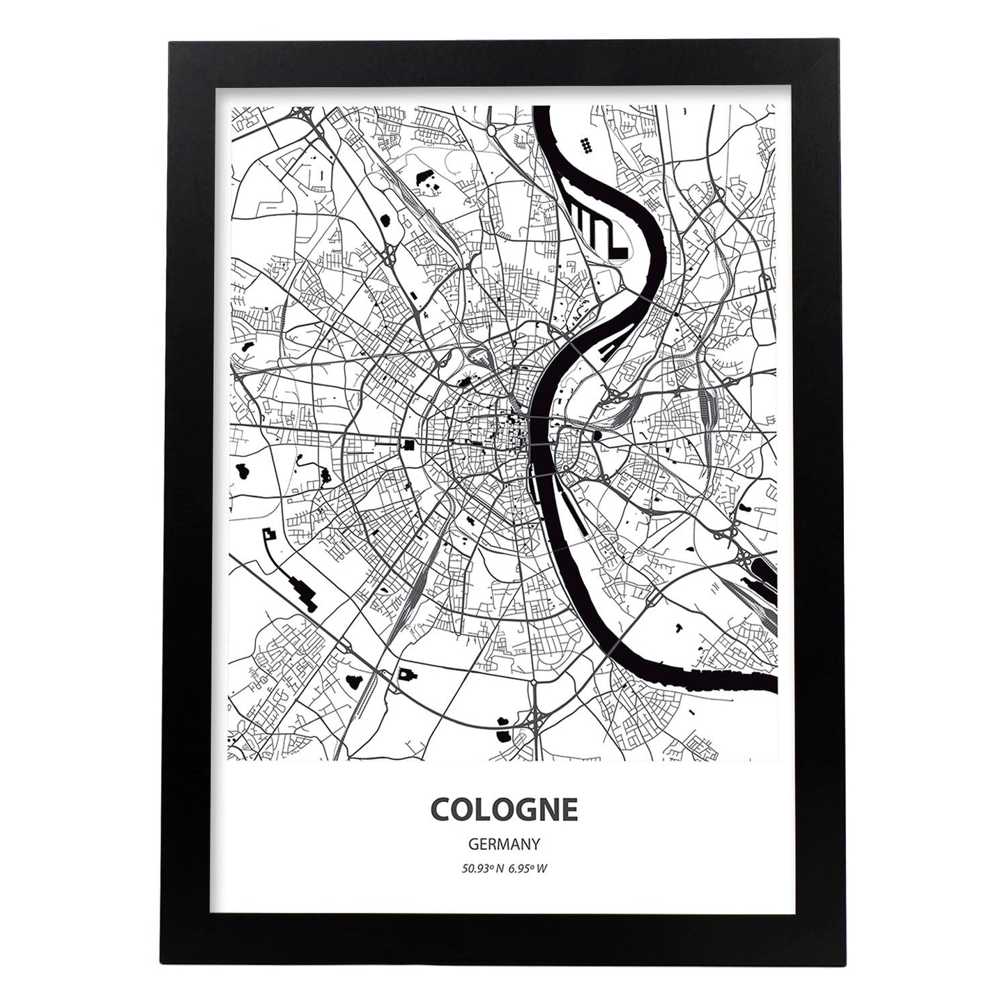 Poster con mapa de Cologne - Alemania. Láminas de ciudades de Alemania con mares y ríos en color negro.-Artwork-Nacnic-A3-Marco Negro-Nacnic Estudio SL